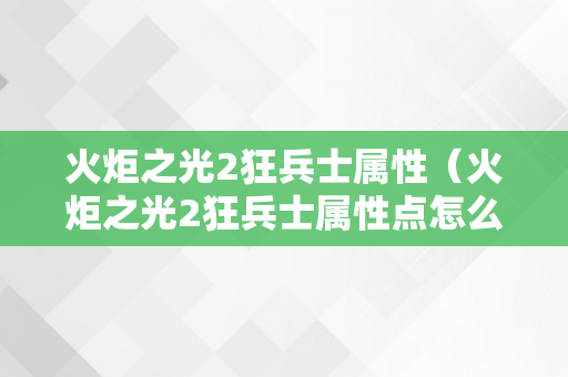 火炬之光2狂兵士属性（火炬之光2狂兵士属性点怎么加）